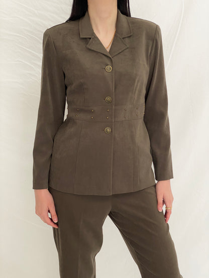 Vintage 90s Sag Harbor Dress Petite Olive Green Blazer & Pants Set Officecore Tailored Suit - M