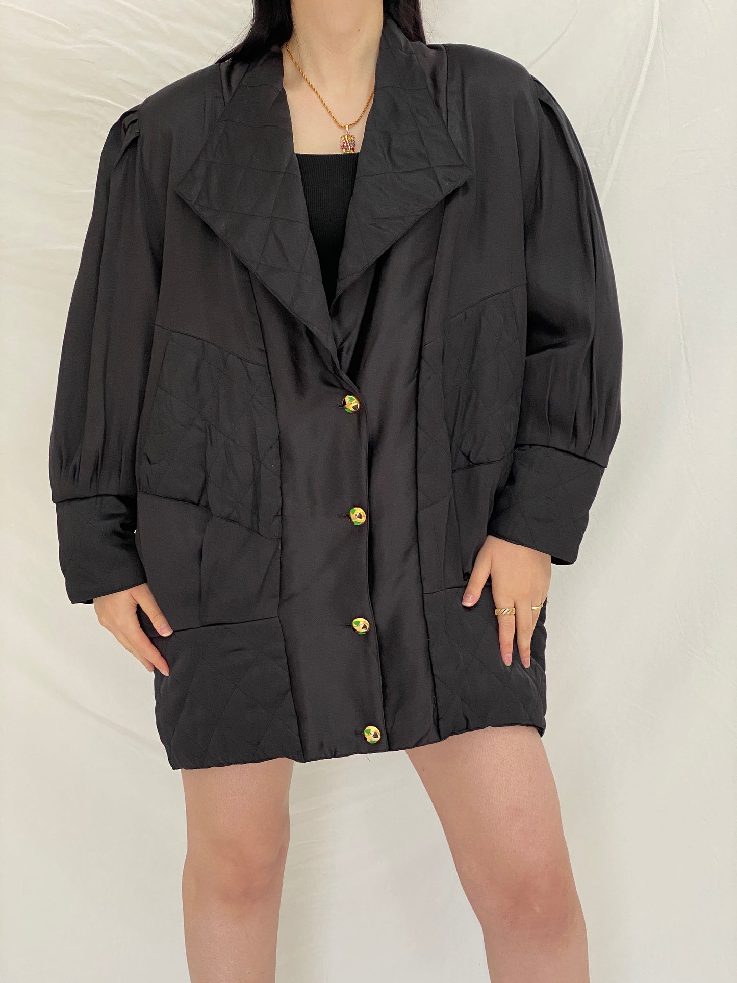 Vintage Black Quilted Puffer Oversized Fit Jacket with Gold Buttons - L