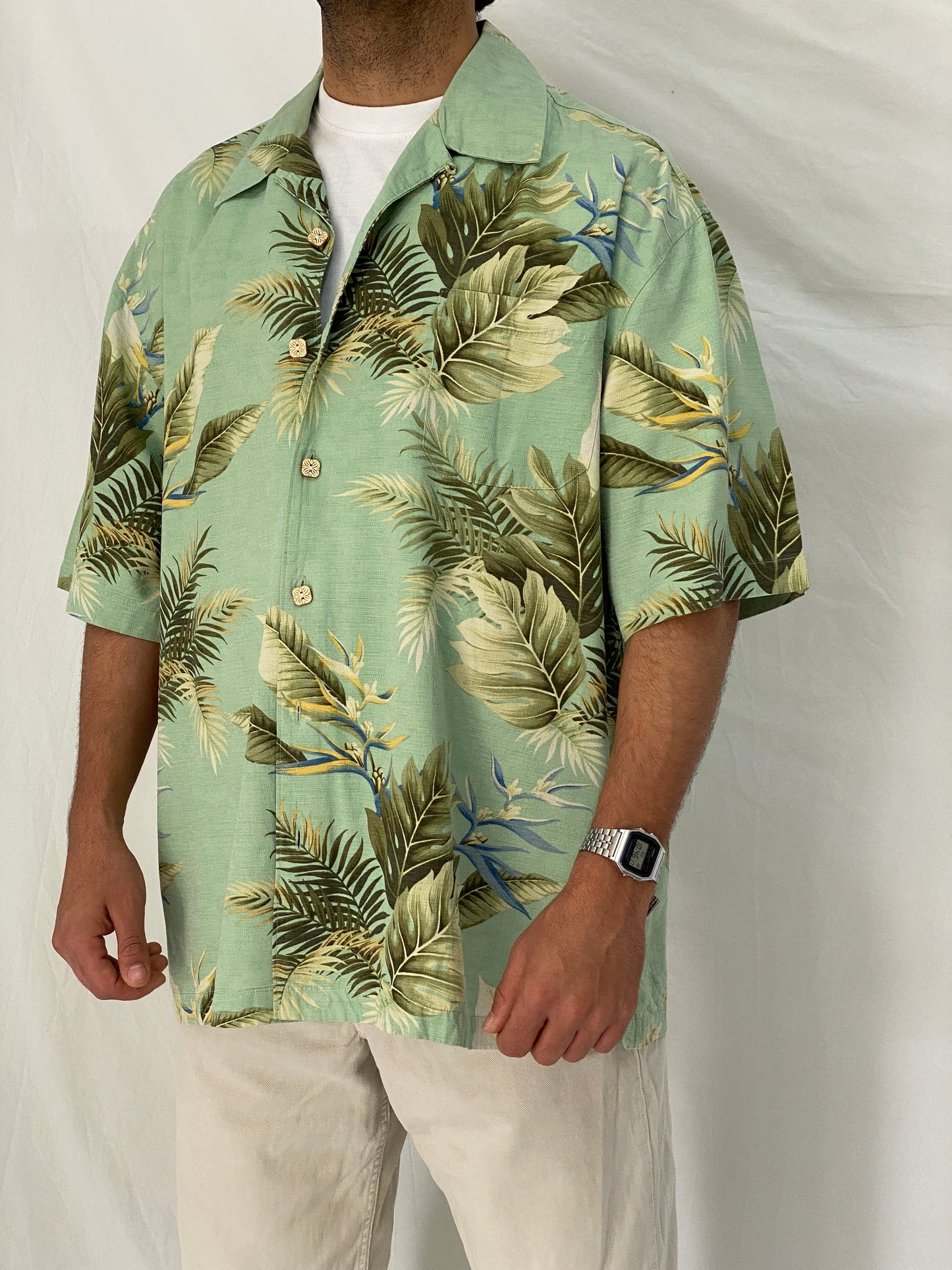 Vintage Jamaica Jaxx Tropical Leaf Silk Mint Green Hawaiian Shirt – XL