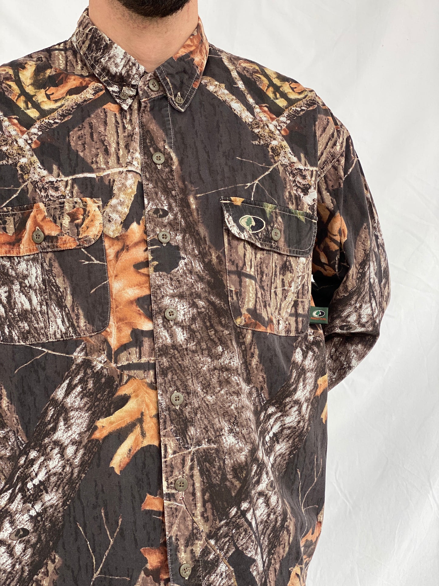 Vintage Mossy Oak Camo Break-Up Woodland Camouflage Button Down Long Sleeve Hunting Shirt - XL