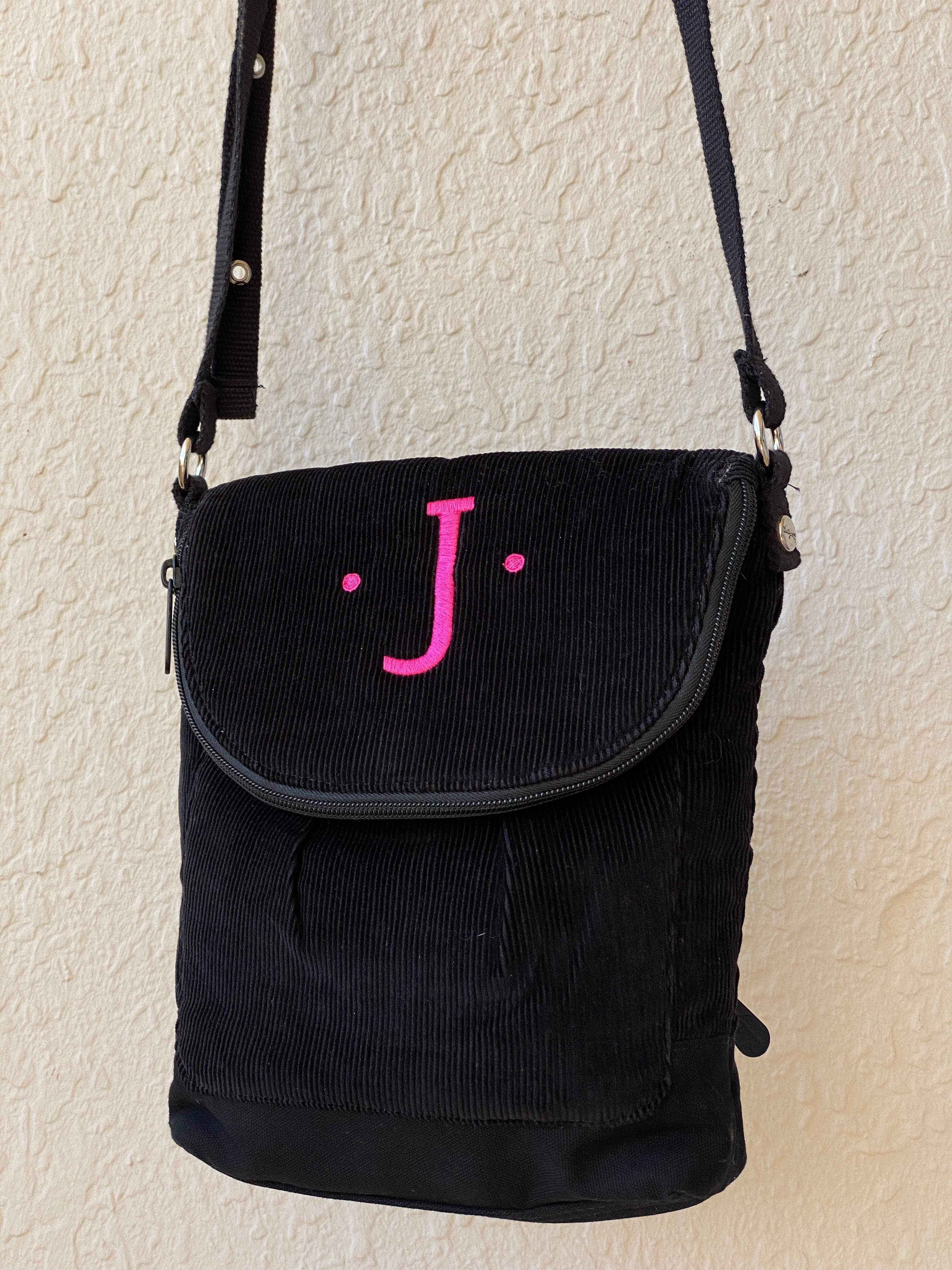 Y2K Thirty-One Black Corduroy Crossbody Bag with Pink Monogram J