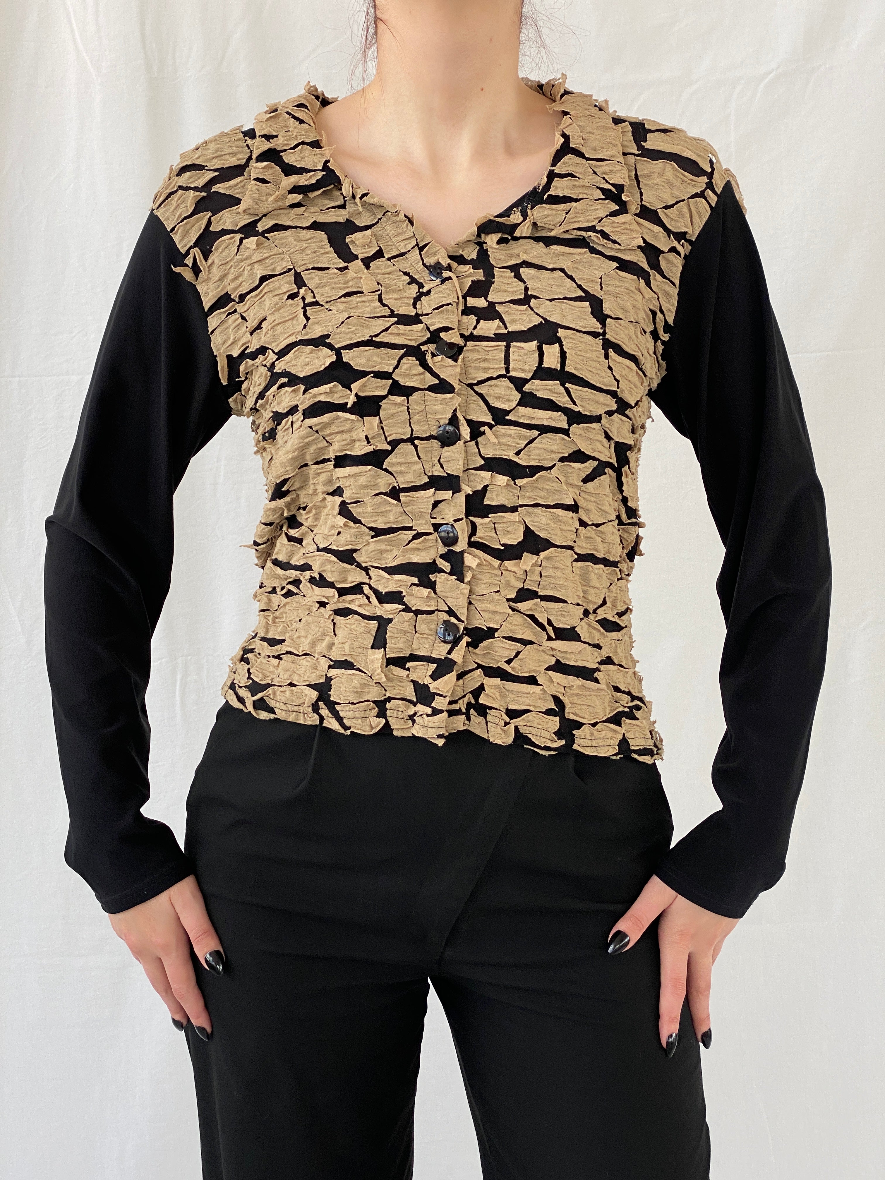 Vintage Y2K INTOWN Full Sleeve Button Up Black & Beige Women’s Shirt - L