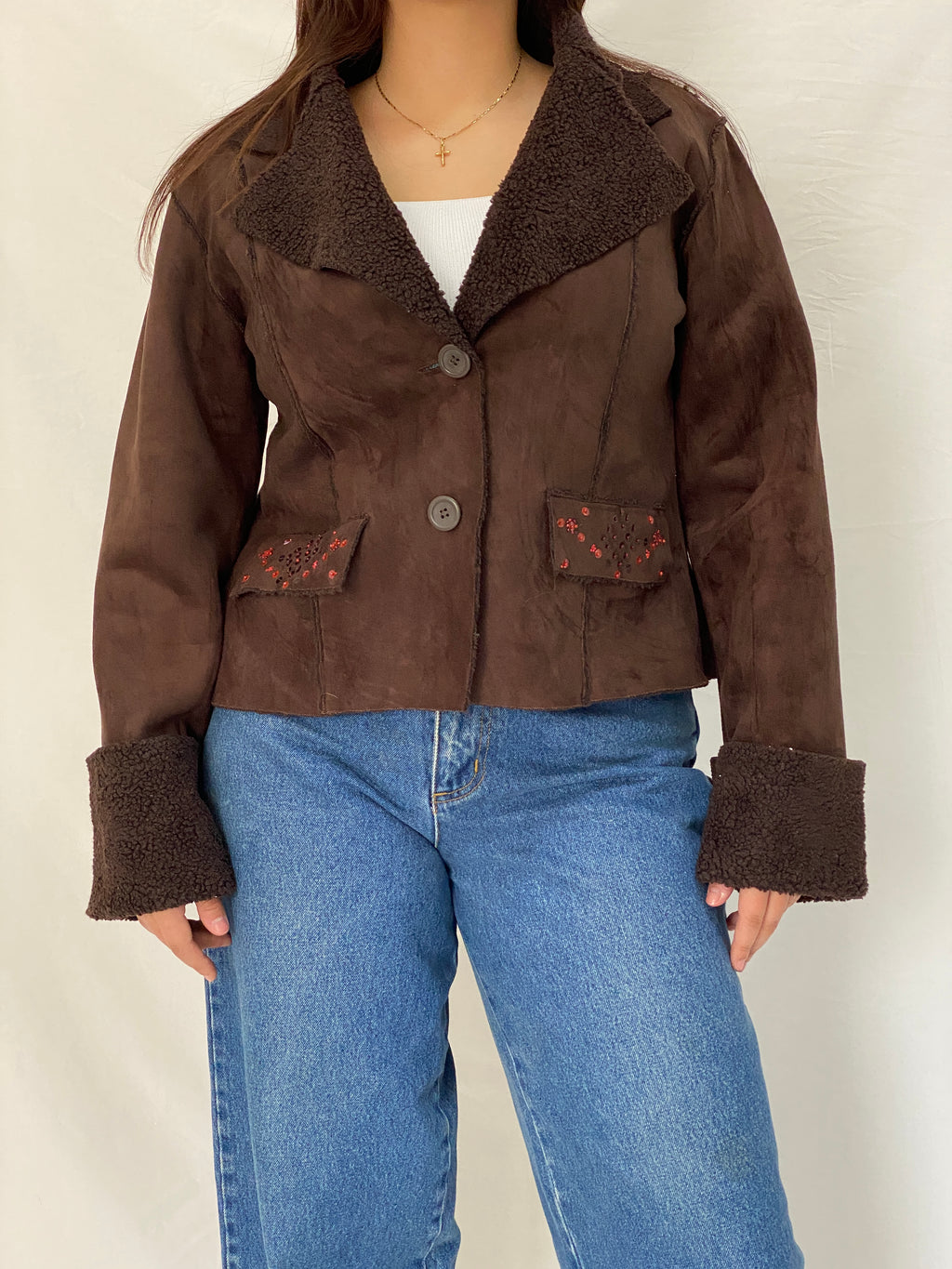 Y2K Together Brown Faux Suede Teddy Trim Jacket - L