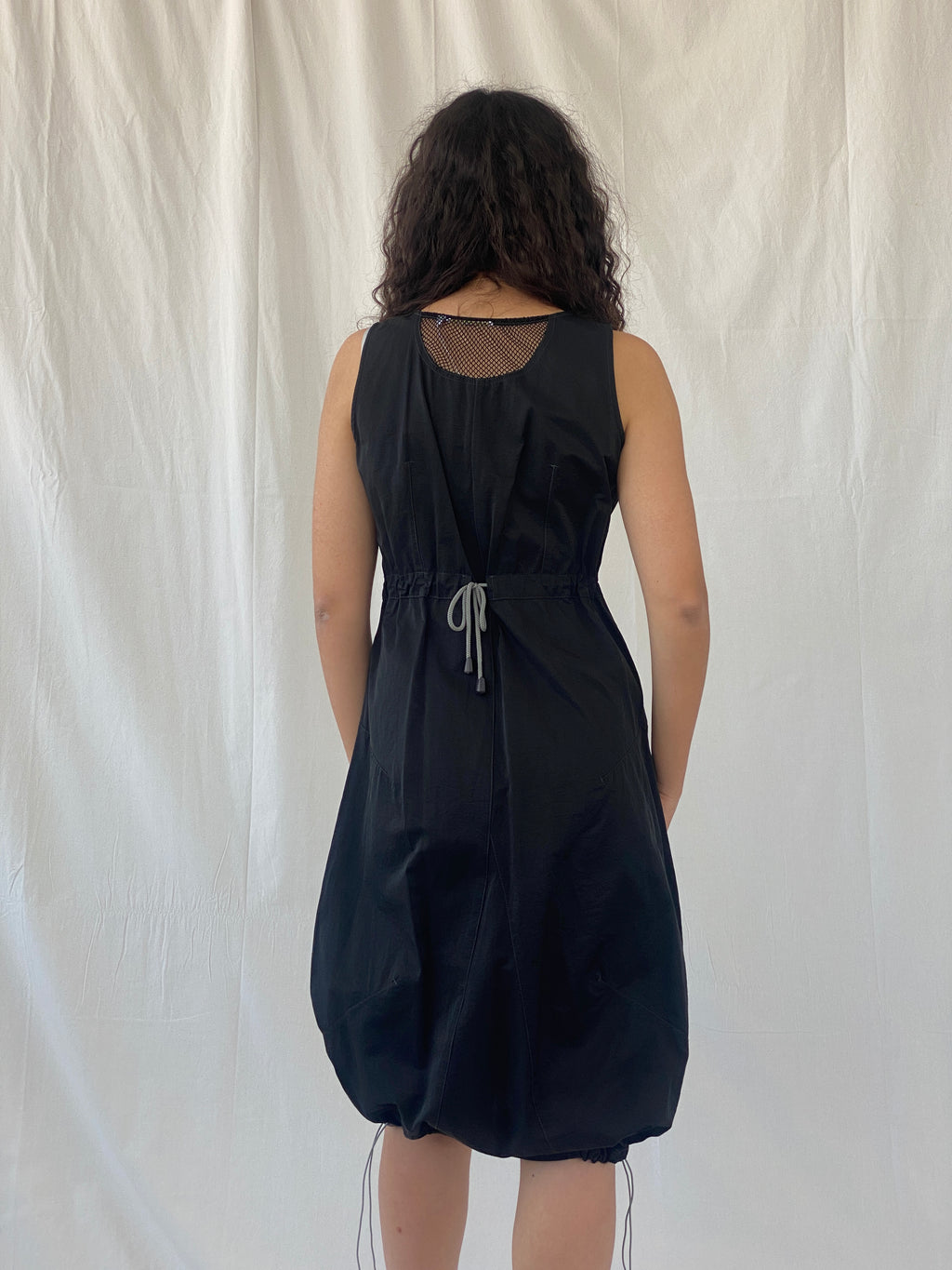 Vintage Y2K Futuristic Tunic Tafetta Whimsygoth Black Drawstring Midi Dress - L