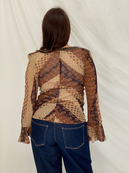 Y2K Vero Moda Brown Paisley Bell Sleeve Tie-Front Deep V-Neck Top - S