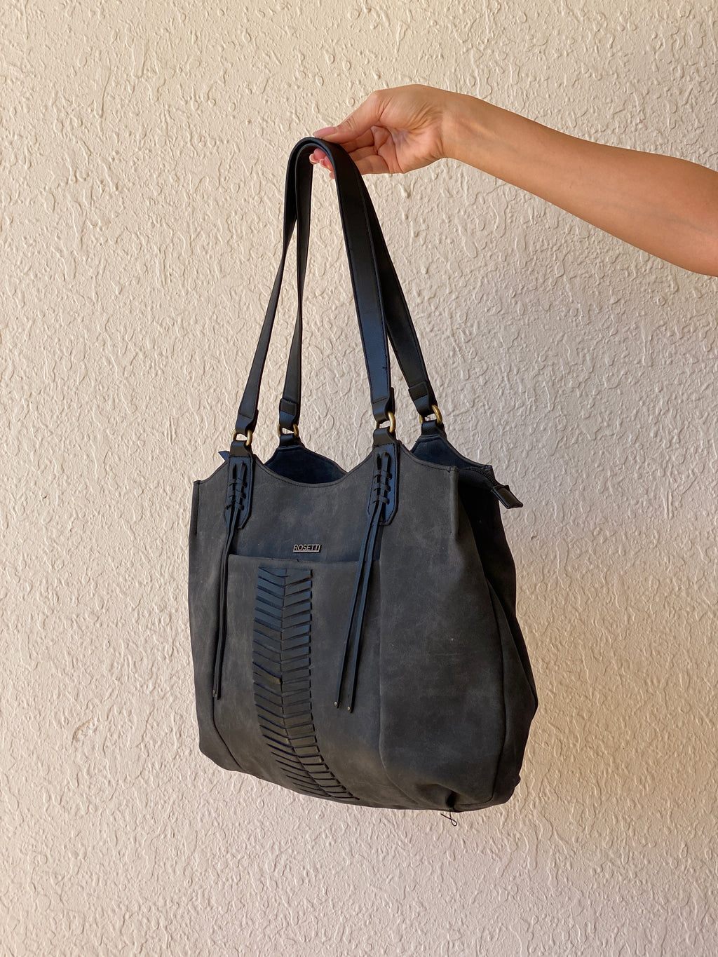 Rosetti Stella Dark Gray Distressed Leather Purse Large Tassel Hobo Shoulder Bag