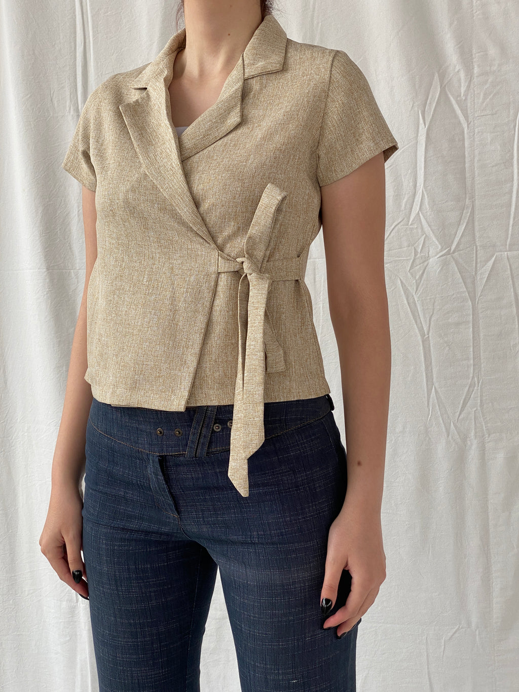Gorgeous Hana Milin Cotton Linen Blend Women’s Beige Short Sleeve Wrap Blazer - S