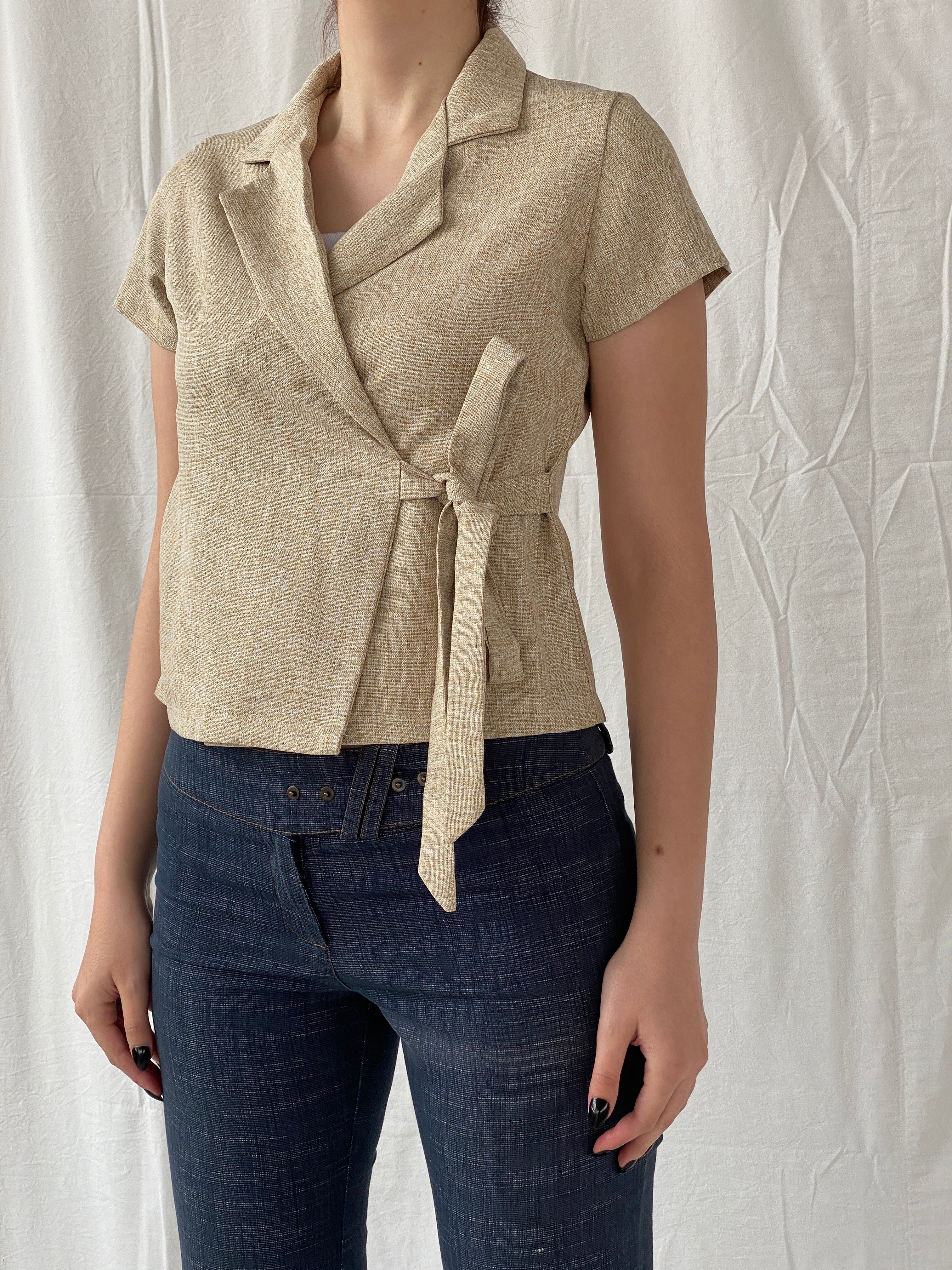 Gorgeous Hana Milin Cotton Linen Blend Women’s Beige Short Sleeve Wrap Blazer - S