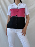 Vintage 90s Alfred Dunner White Pink Black Striped Women’s Padded Short Sleeve Heavy Shirt - M