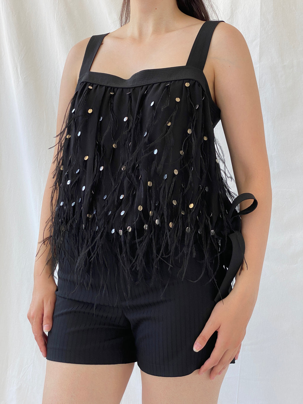 NWT Vintage FÉRAUD Paris Black Silk Feather Sequin Top - M