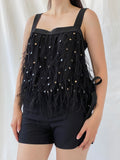 NWT Vintage FÉRAUD Paris Black Silk Feather Sequin Top - M