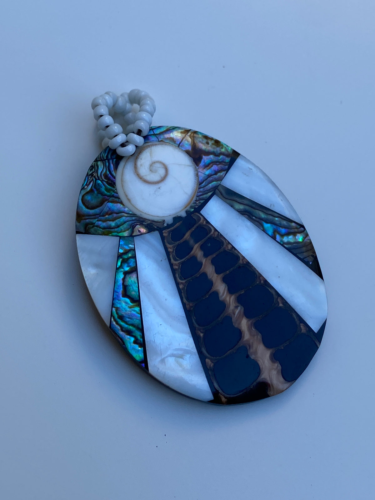 Vintage Abalone & Mother of Pearl Mosaic Pendant with Shiva Eye Shell Vintage Abalone & Mother of Pearl Mosaic Pendant with Shiva Eye Shell