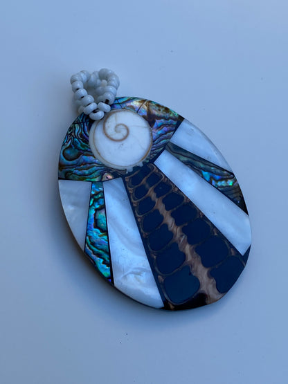 Vintage Abalone & Mother of Pearl Mosaic Pendant with Shiva Eye Shell