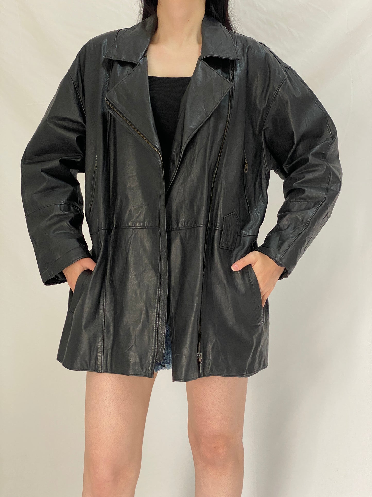 Vintage 90s Genuine Leather Moto Jacket Black Oversized Biker Coat - XL