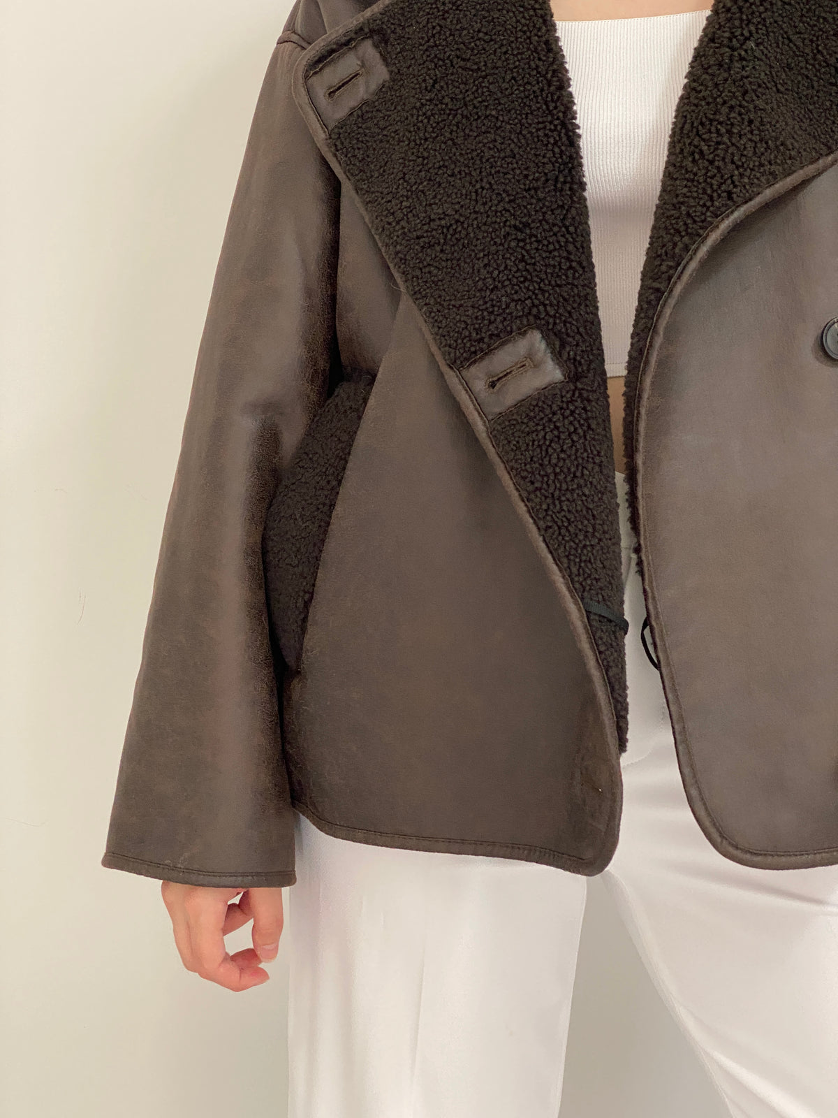 Chocolate Brown Faux Leather Shearling Aviator Jacket - L