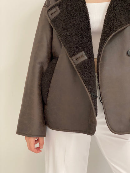 Chocolate Brown Faux Leather Shearling Aviator Jacket - L