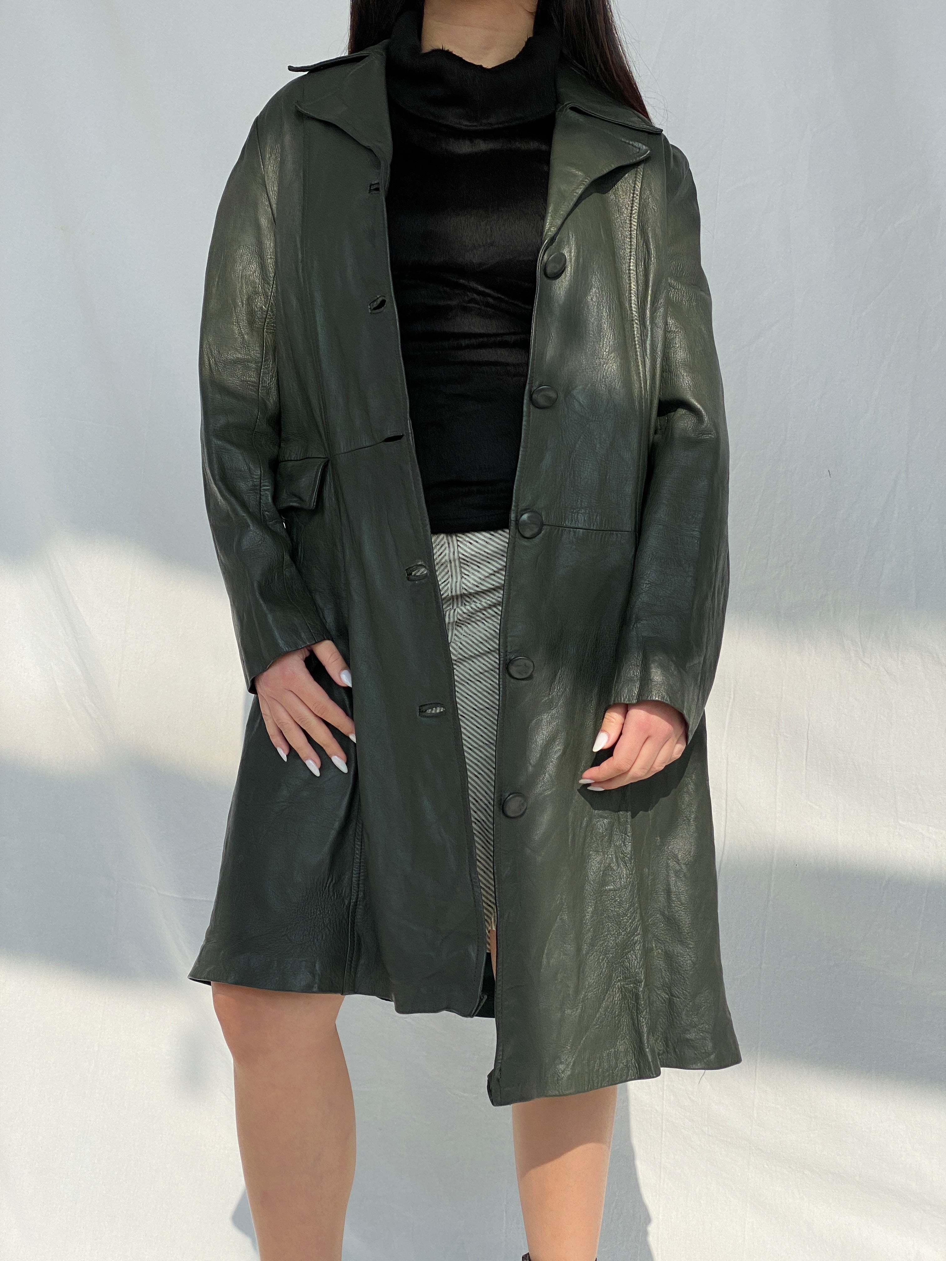 Vintage 90s Genuine Leather Olive Green Coat - L