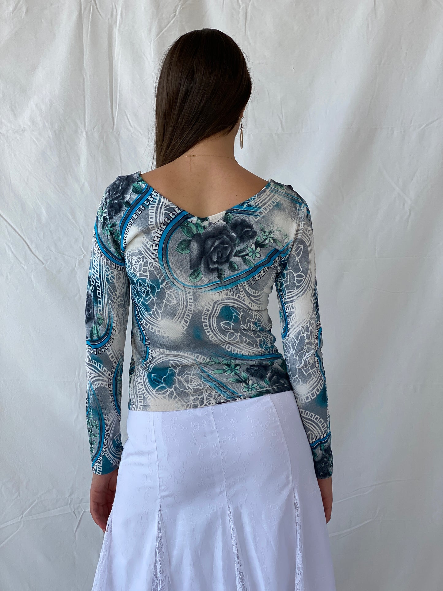 Vintage New Sensation Beaded Blue Floral Long Sleeve Top - L