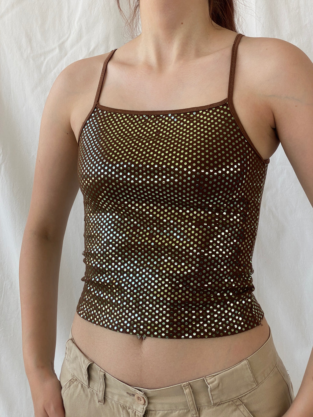 Y2K Brown Copper Glittery Cropped Cami Top - S