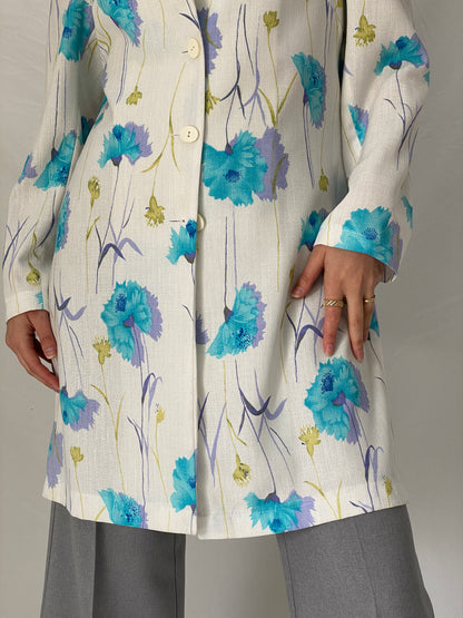 Vintage As Niobe New Line by ASM Floral Long Blazer 90s Blue Botanical Tailored Jacket - M