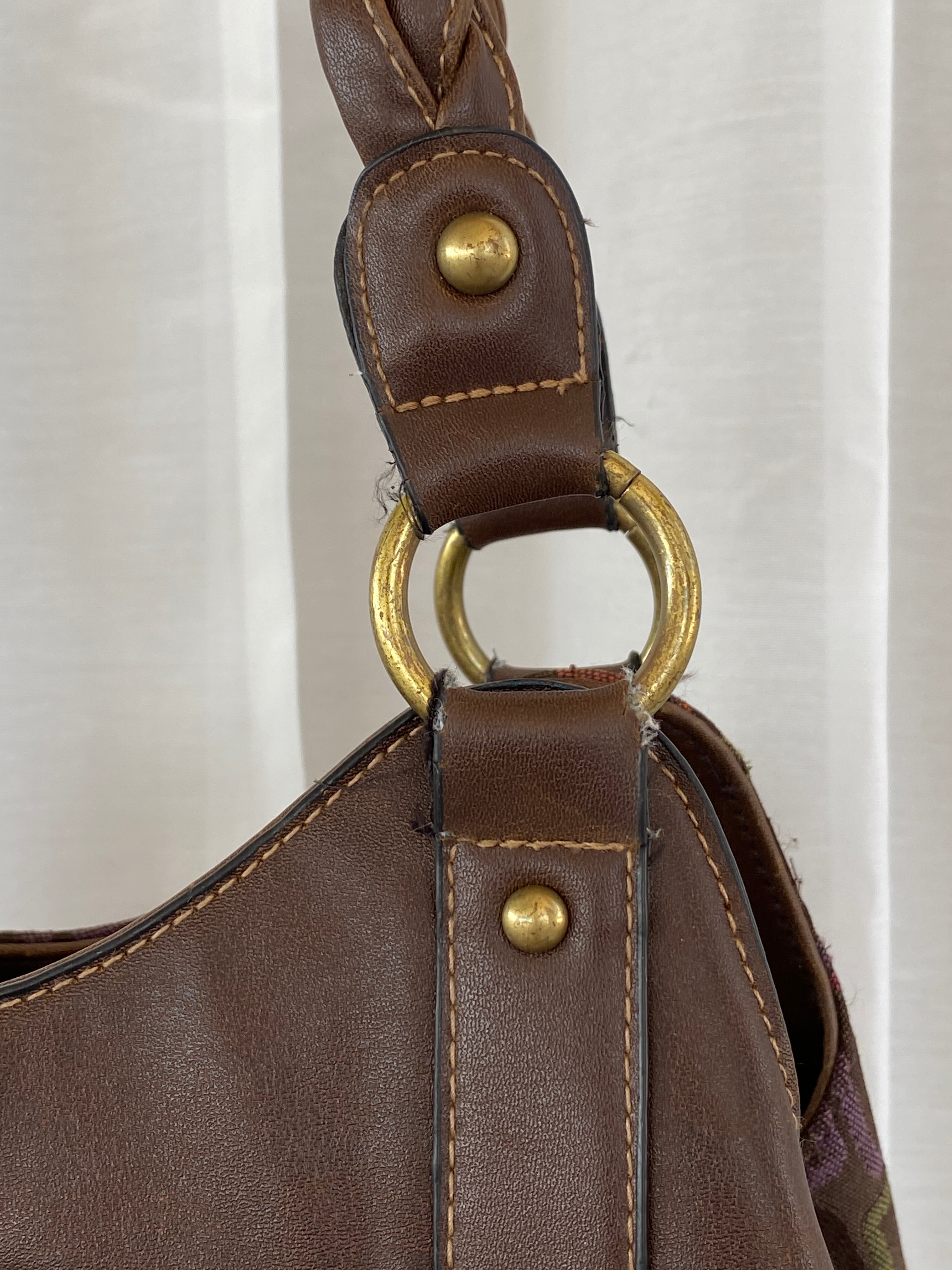 Y2K Rosetti Brown Multicolored Geometric Pattern Shoulder Bag With Braided Vinyl Handles