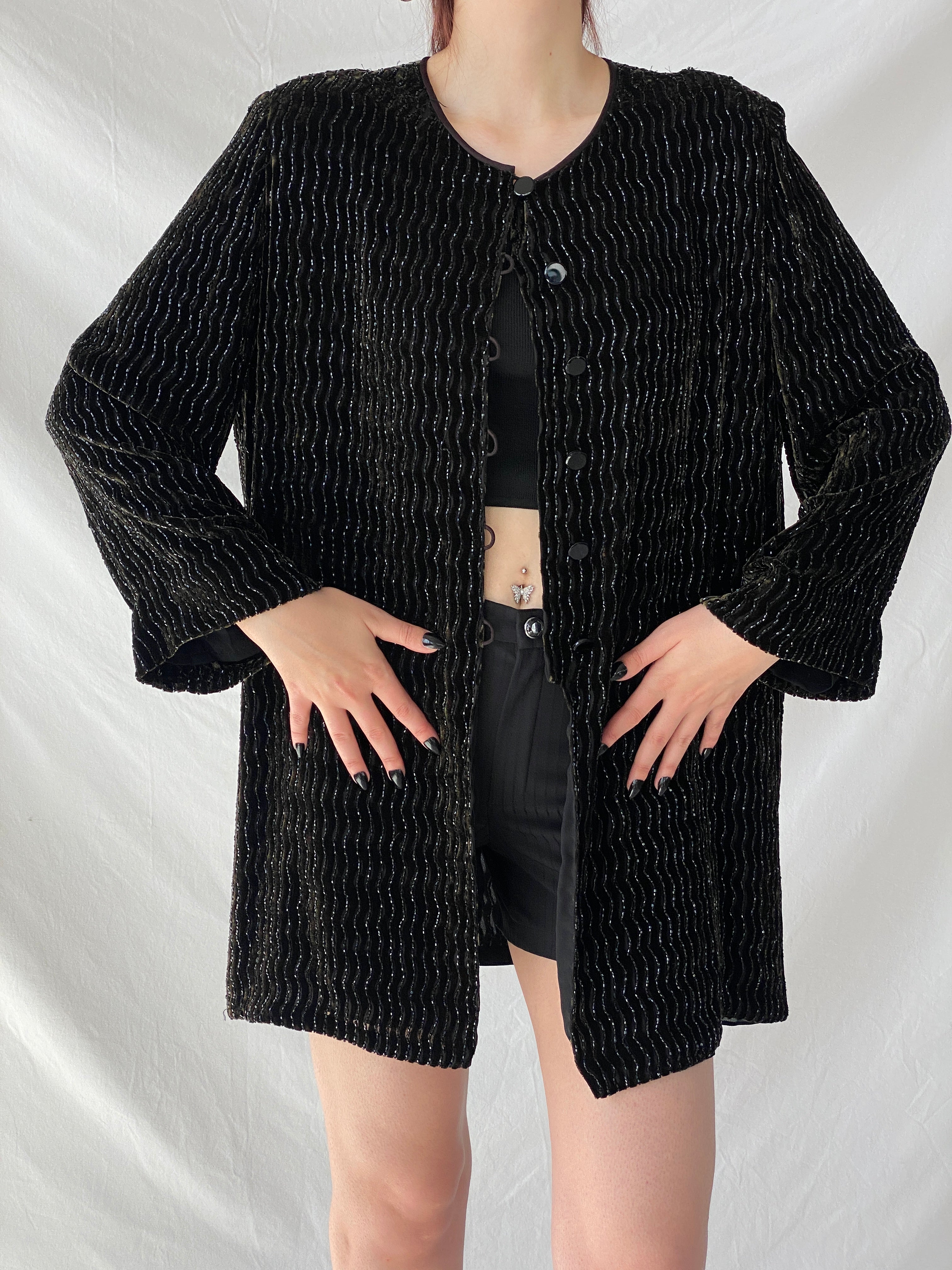 Vintage 80s Rickie Freeman for Teri Jon Nite Dark Green Black Beaded Blazer Silk Blend Party Jacket - L