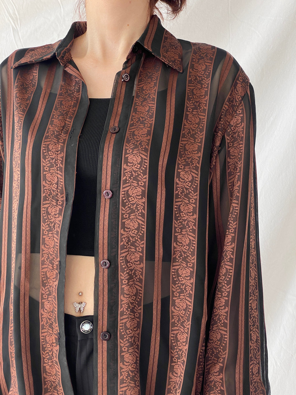 Vintage Noble Pretty Brown Floral Striped Sheer Long Sleeve Women’s Button Shirt - M