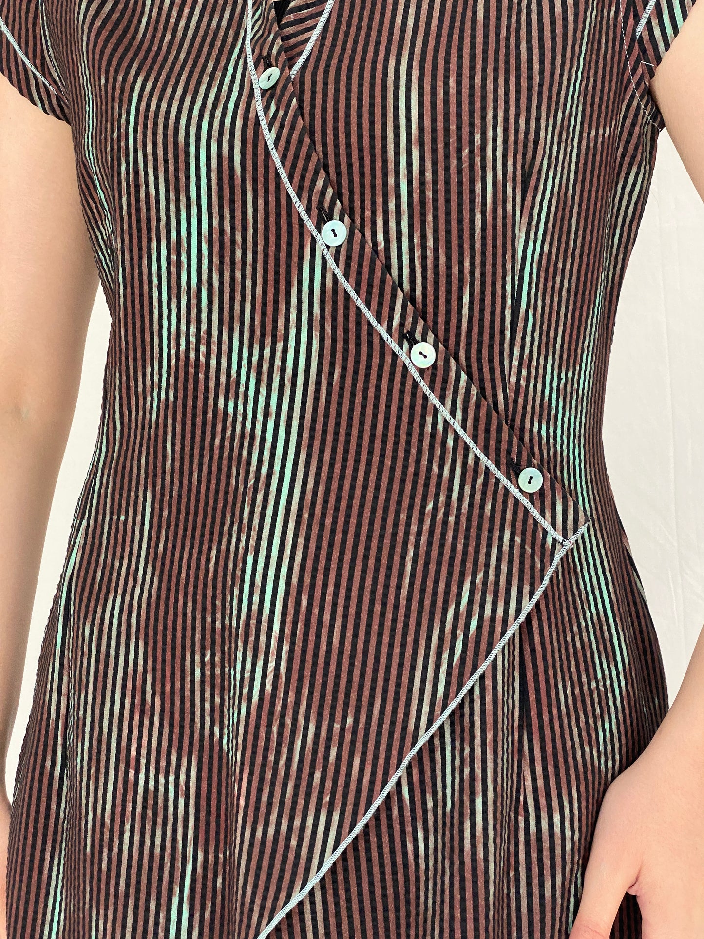 Vintage Y2K Quattro Asymmetrical Striped Wrap Cotton Blend Top with Contrast Stitching - S