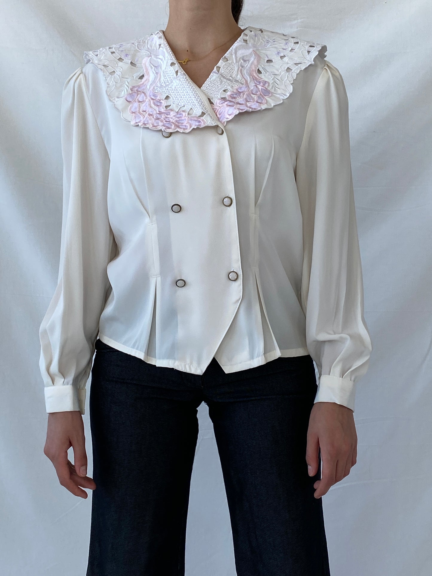 00s FIRAS Embroidered Oversized Collar Ivory Victorian Blouse - M