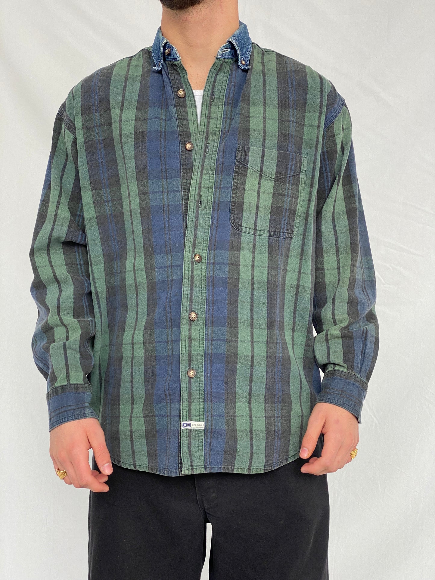 Vintage 90's American Eagle Mens Plaid Blue Green Button Up Shirt Denim Collar - M