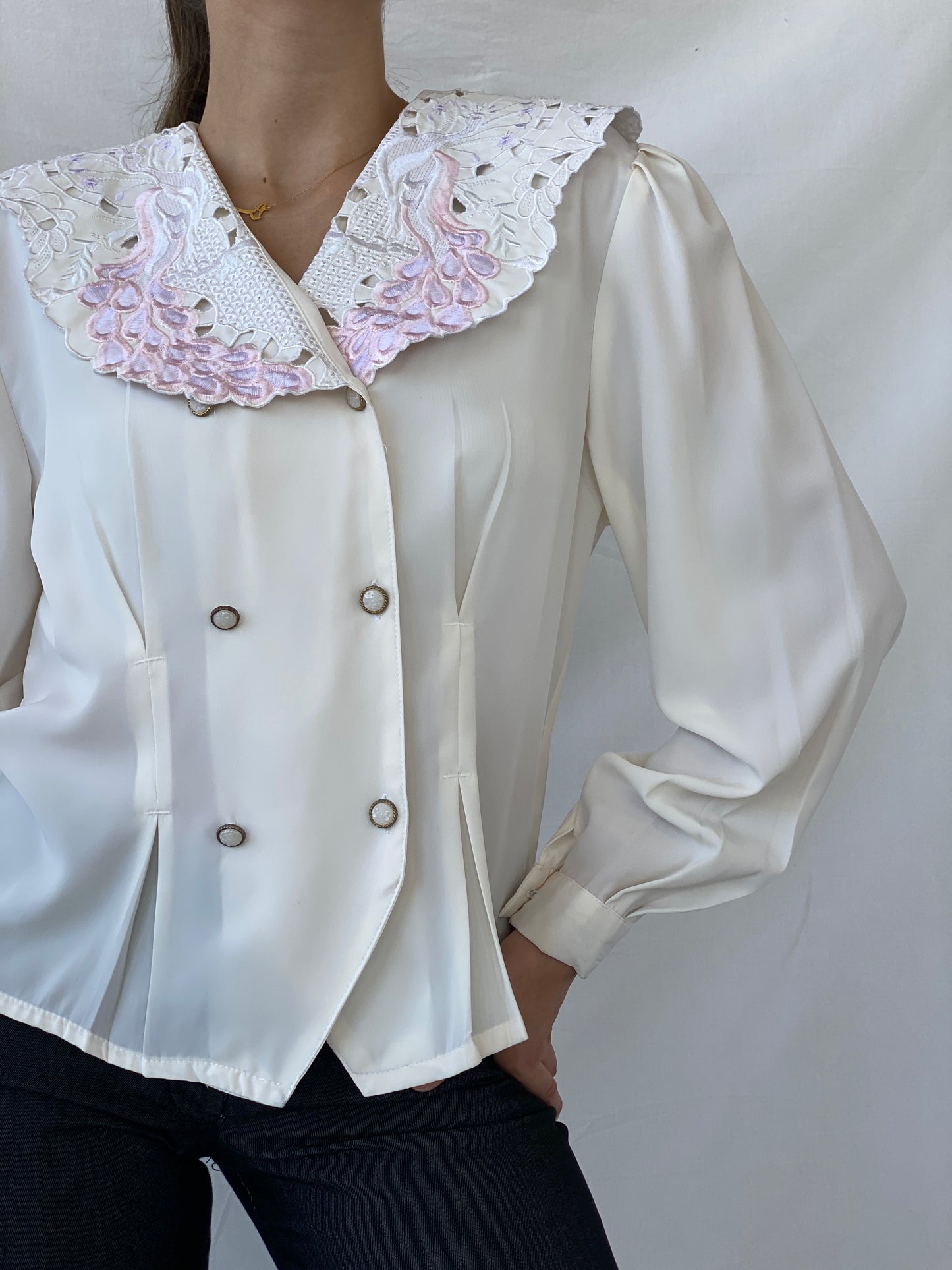 00s FIRAS Embroidered Oversized Collar Ivory Victorian Blouse - M