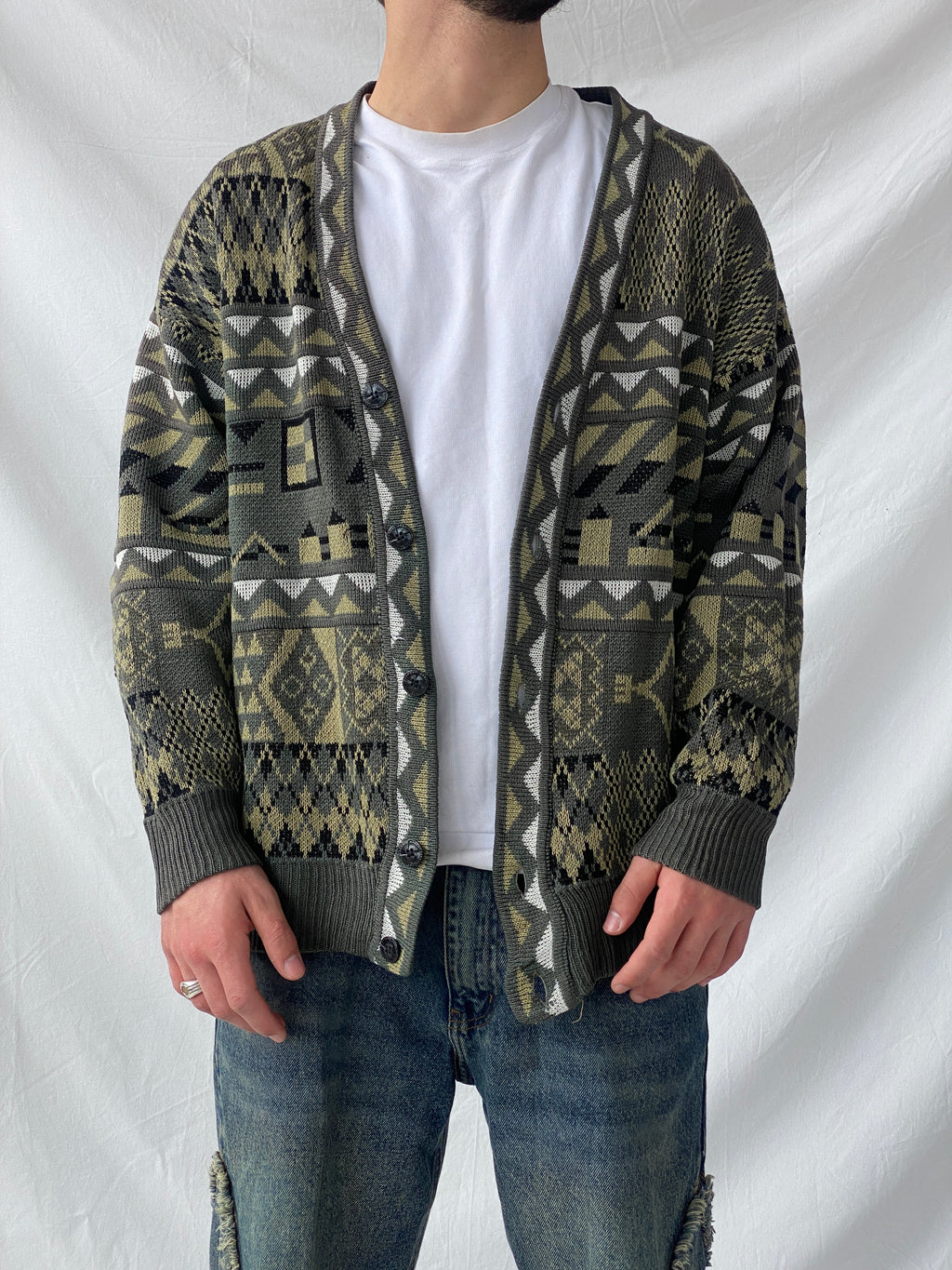 Vintage Geometric Print Men’s Cardigan Sweater - L