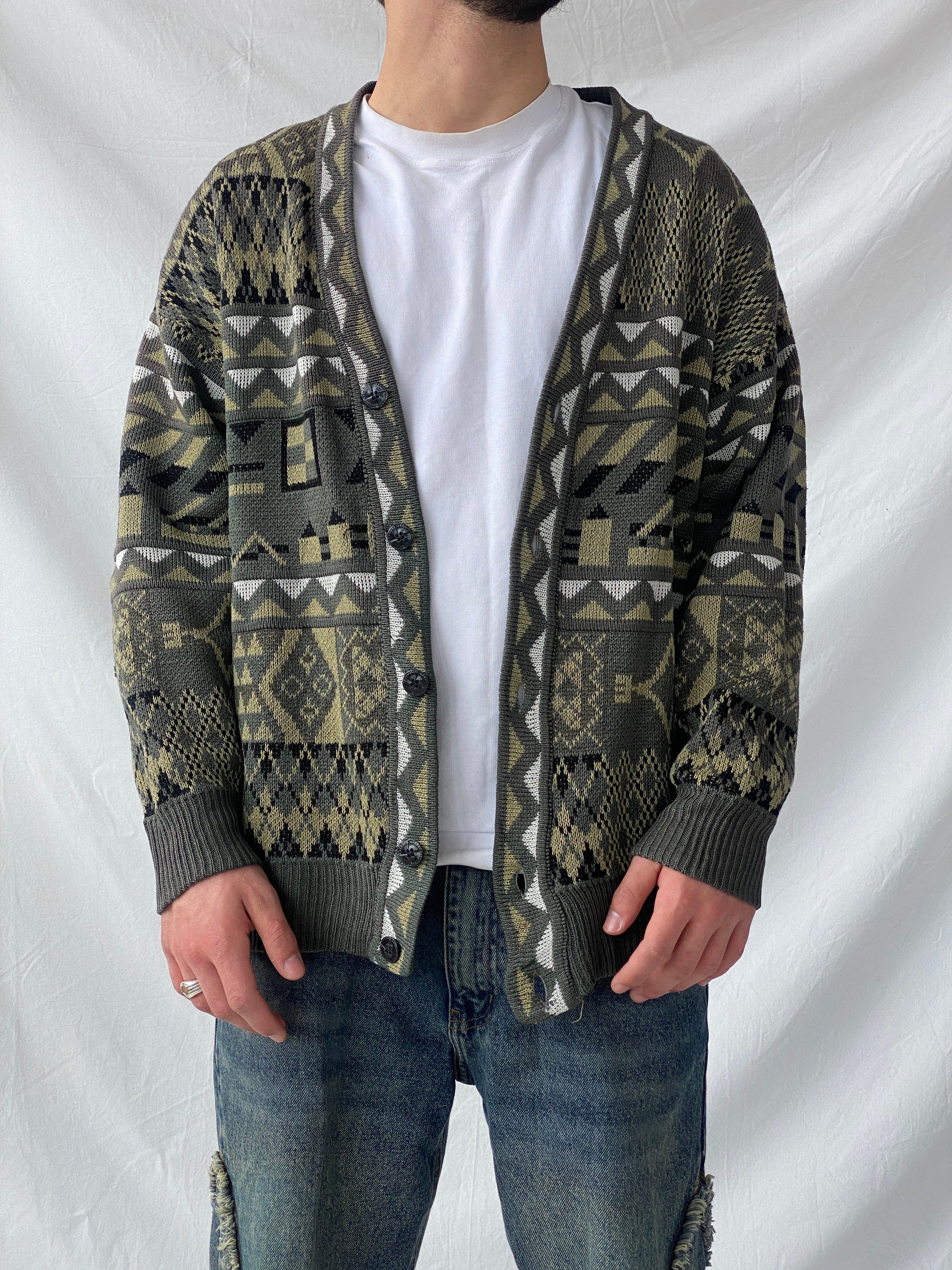 Vintage Geometric Print Men’s Cardigan Sweater - L