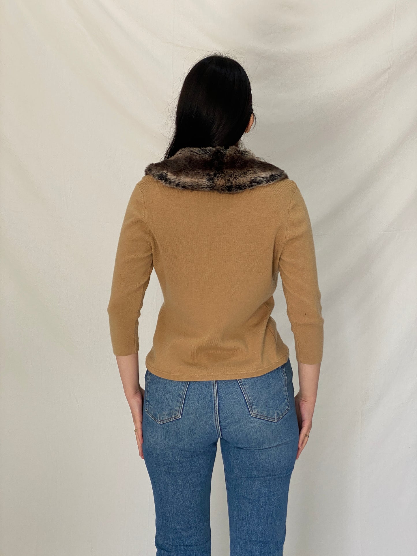 Vintage CO-OP Camel Merino Wool Blend Cardigan with Faux Fur Collar - L