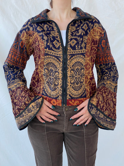 Vintage Embroidered Boho Print Women’s Wool Zip Up Cardigan Jacket - L