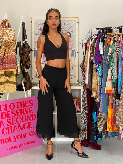 Elegant Vintage Black Sheer Hem Wide-Leg Cropped Pants – XS