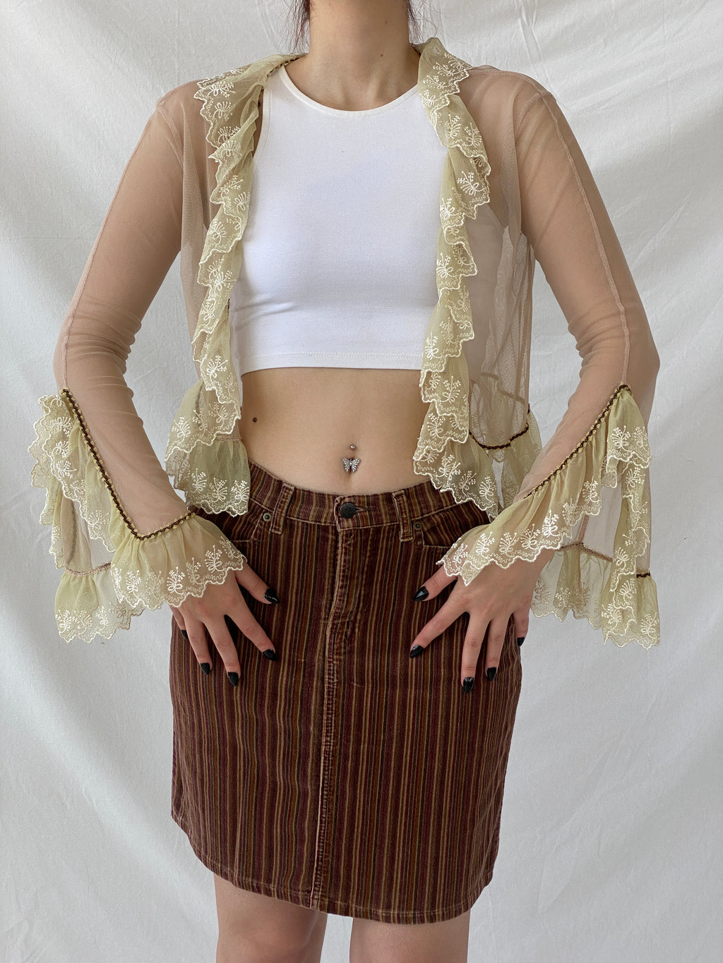 Y2K Mesh Beige Fairy Core Cardigan With Lace Detailing - XS