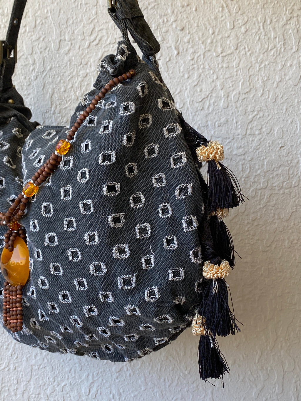 Y2K Gray Boho Hobo Denim Shoulder Bag With Side Fringes