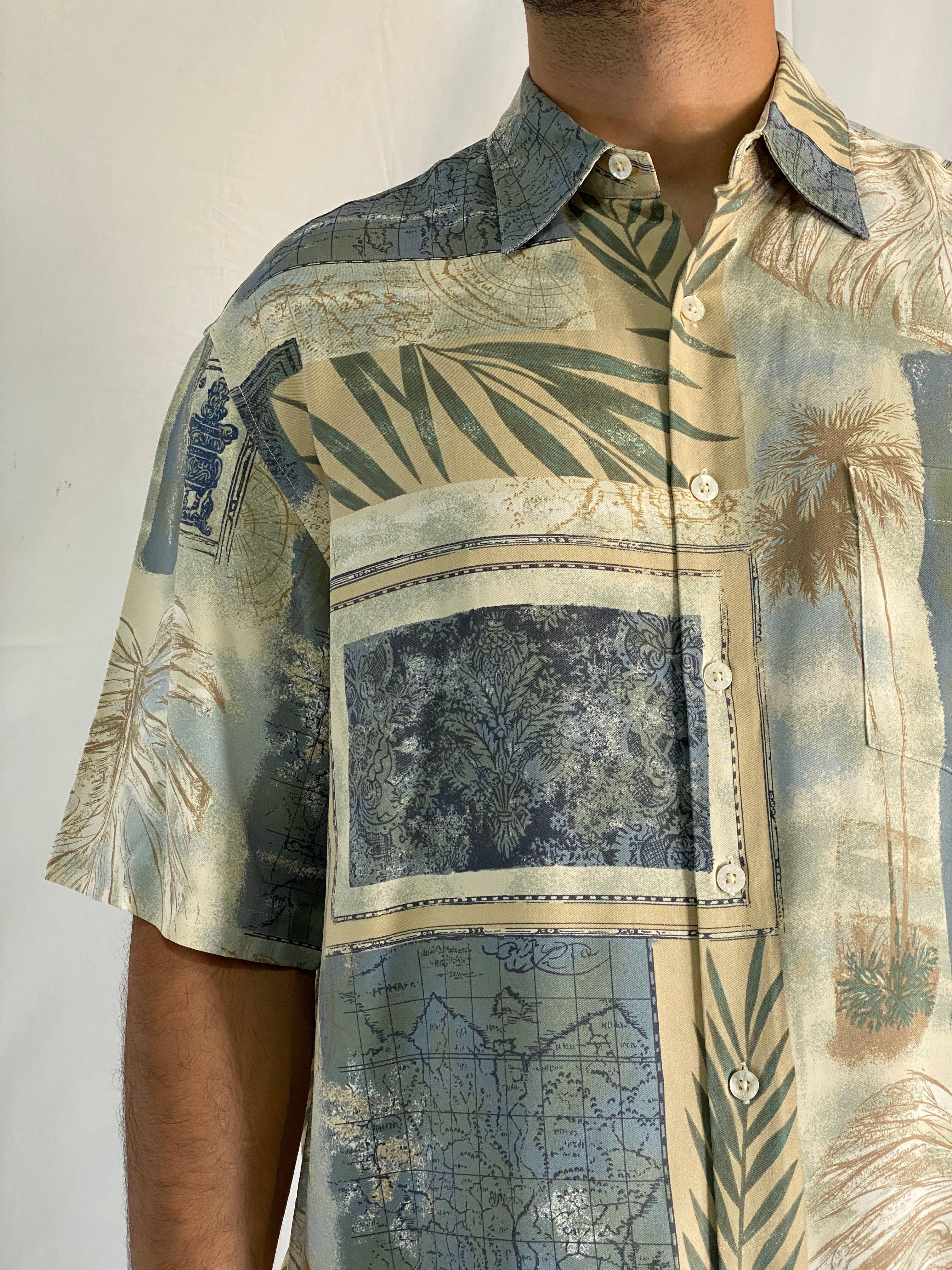 Vintage Tori Richard Silk Hawaiian Palm & Map Print Men’s Shirt - L