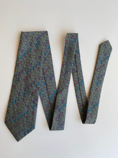 Vintage 1990s Grey Multicolor Geometric Triangle Polyester Necktie