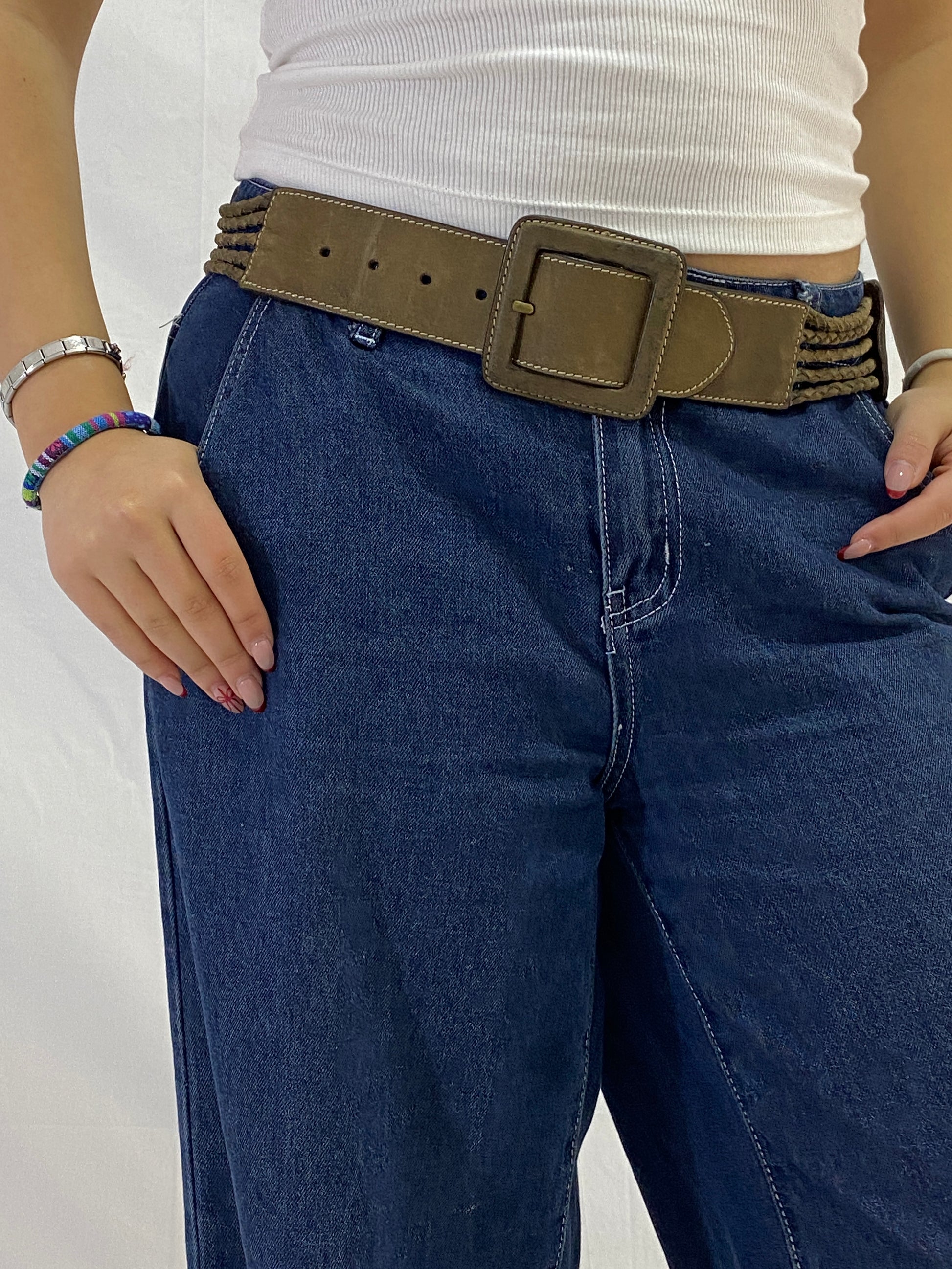Vintage Genuine Leather Wide Braided Waist Belt with Square Buckle Vintage Genuine Leather Wide Braided Waist Belt with Square Buckle