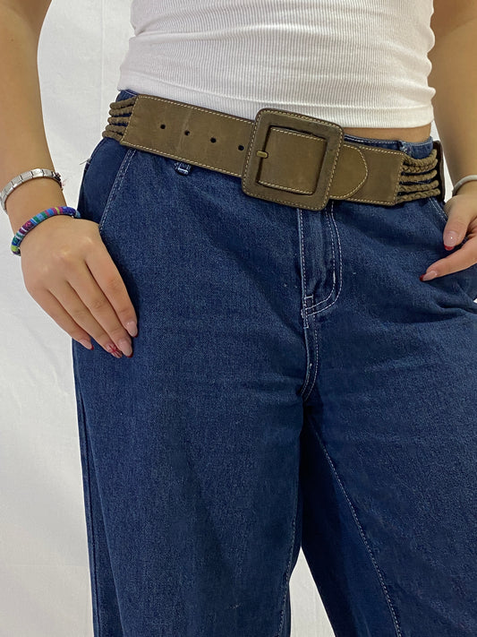 Vintage Genuine Leather Wide Braided Waist Belt with Square Buckle