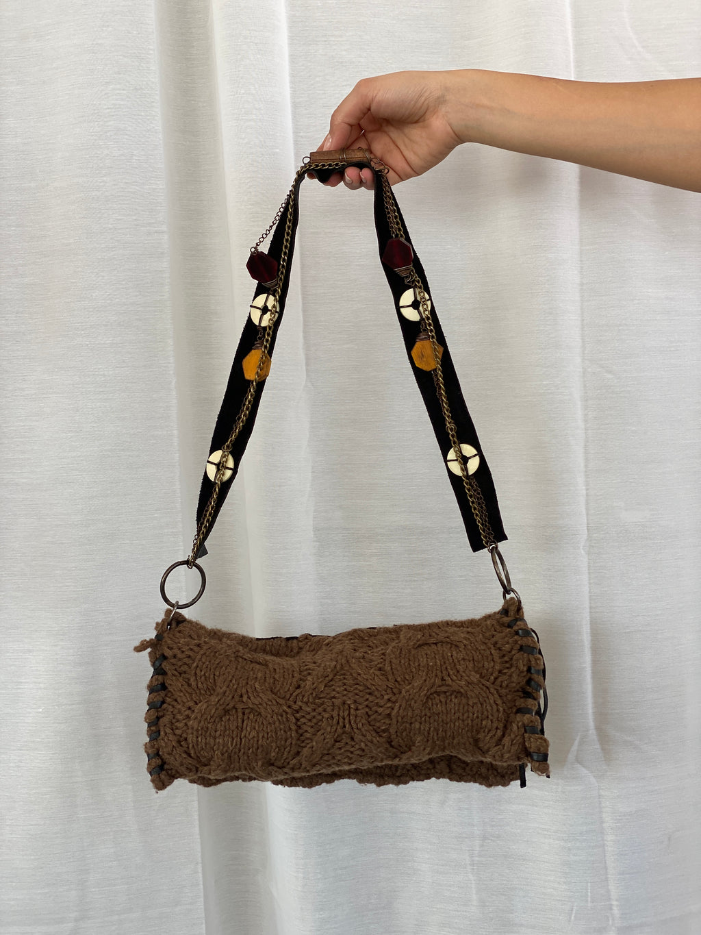 Y2K Chine Belgian Design Brown Crochet and Leather Shoulder Bag