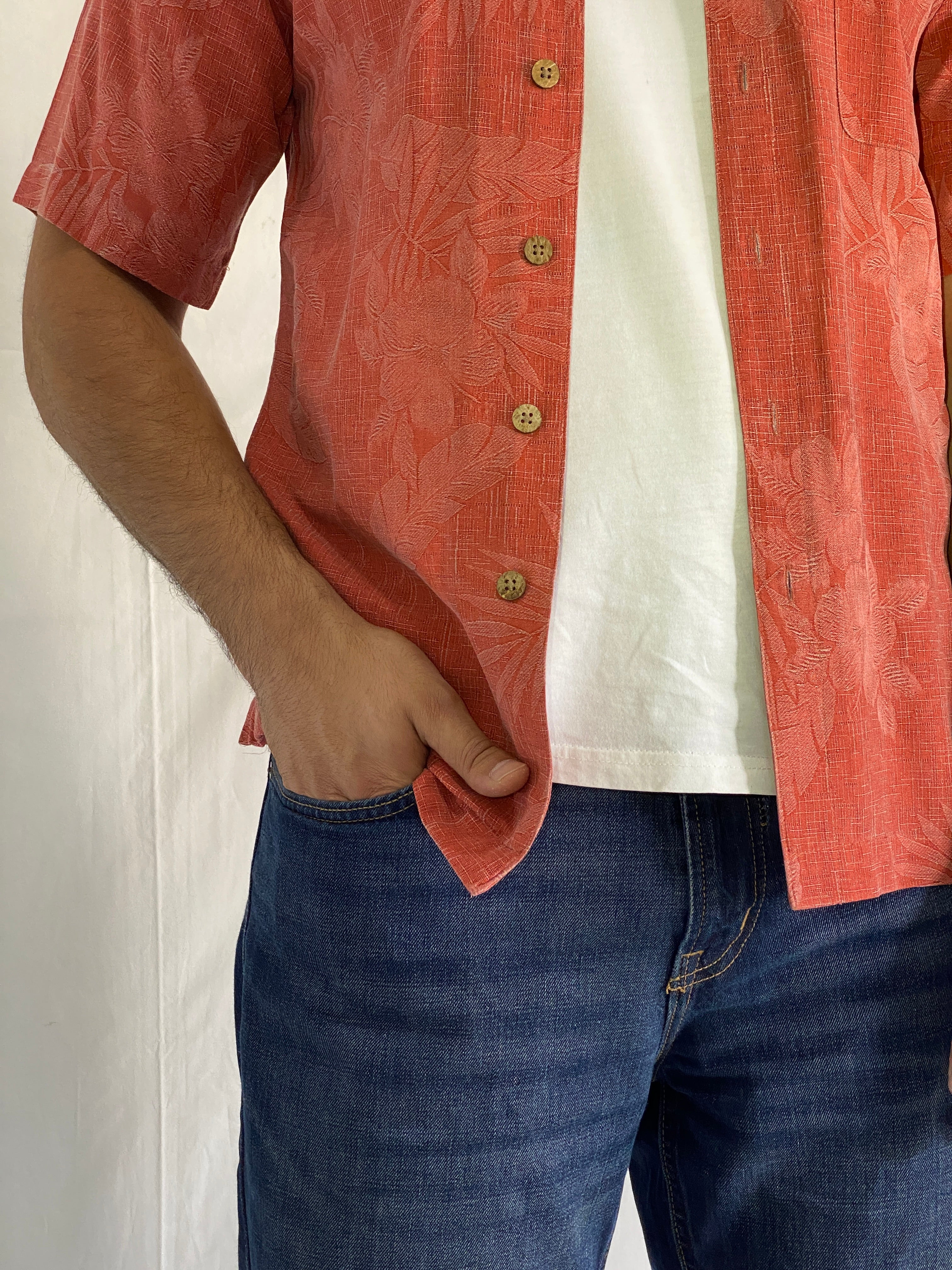 Vintage Island Shores Original Island Wear Washable Silk Red Jacquard Shirt - S