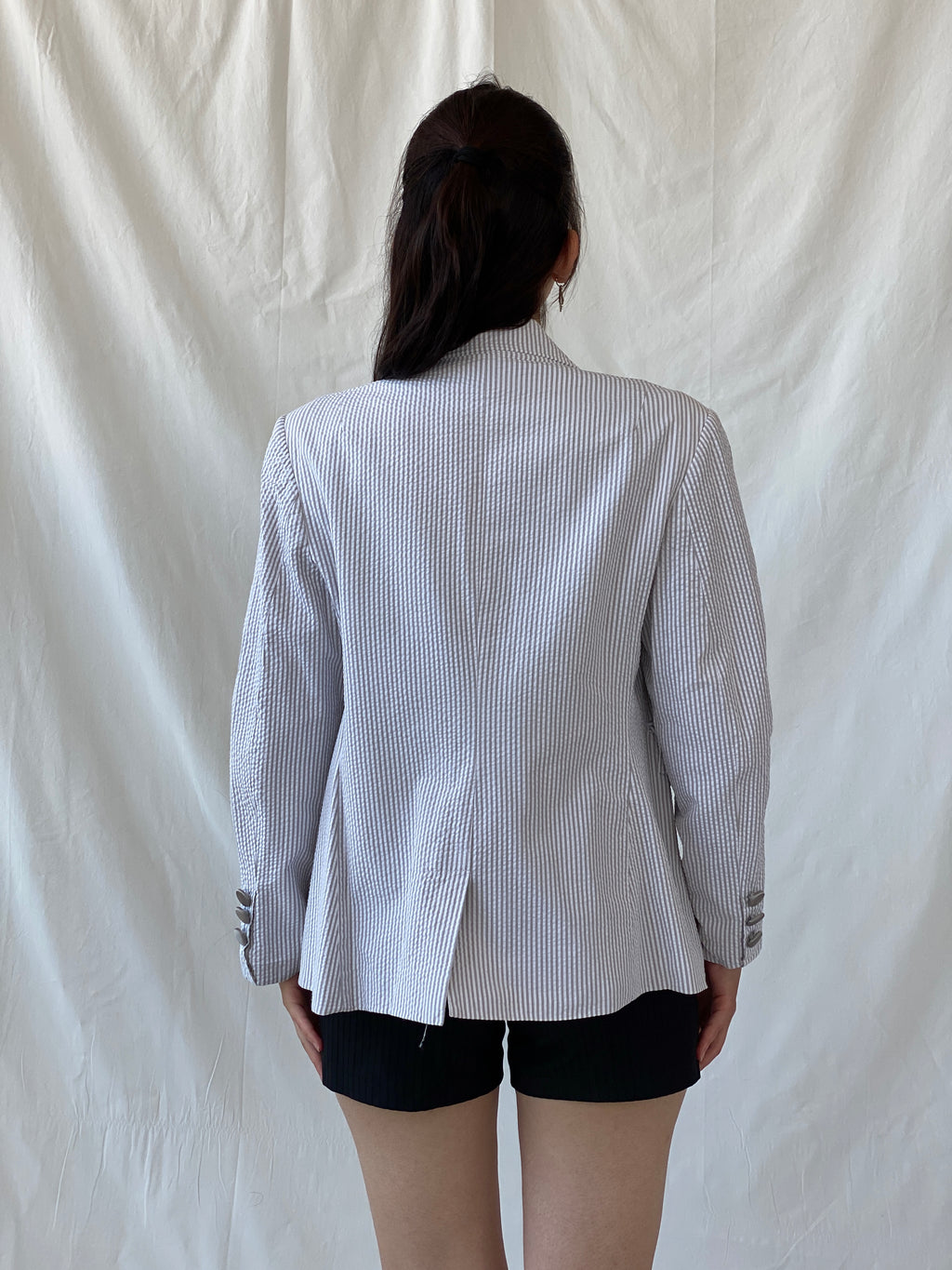 Seleste GiYim Cotton Striped Blazer Crest Patch Preppy Academic-Core Seersucker Jacket - L