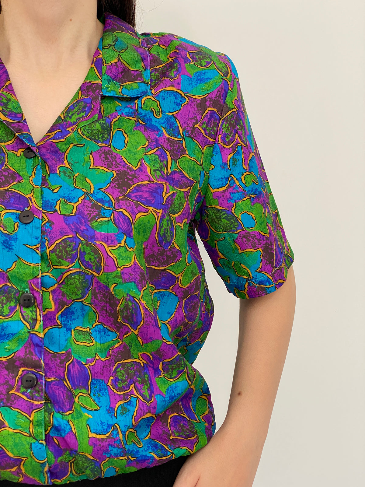 Vintage 80s Gianna Jewel Tone Floral Print Short Sleeve Blouse - M
