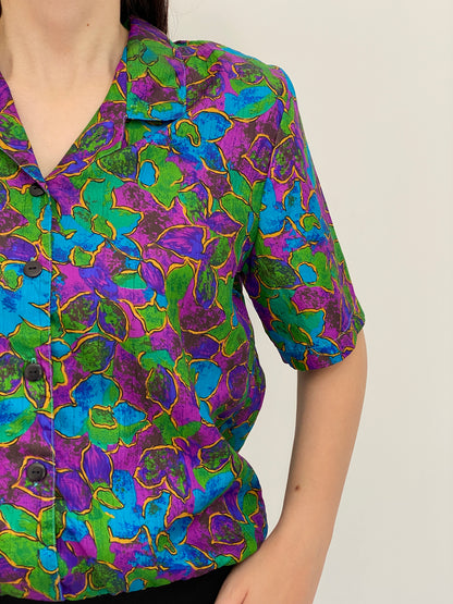 Vintage 80s Gianna Jewel Tone Floral Print Short Sleeve Blouse - M