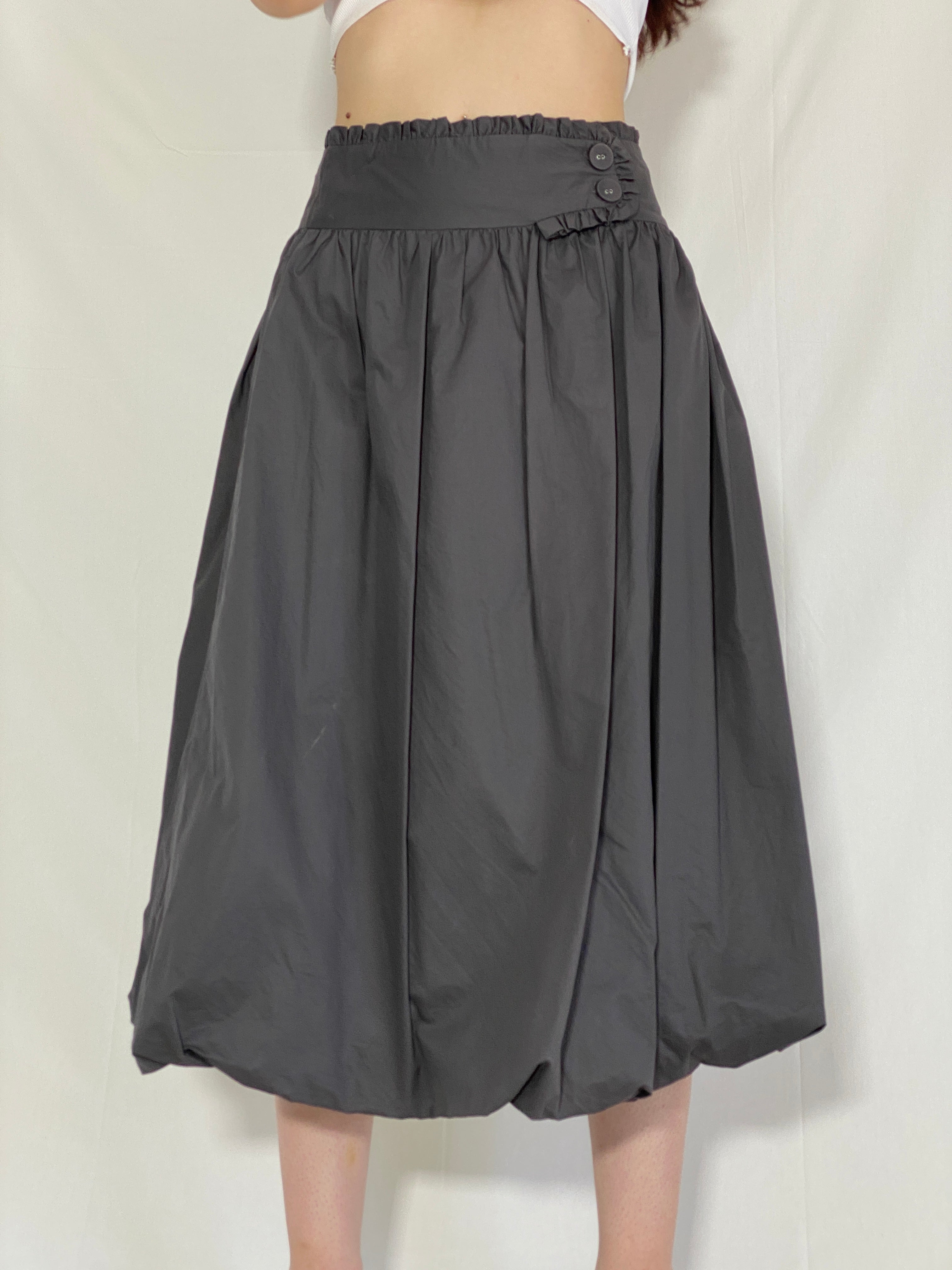 Lavanda Whimsygoth Dark Gray Bubble Midi Skirt Futuristic High Waist Skirt with Button Detail - M