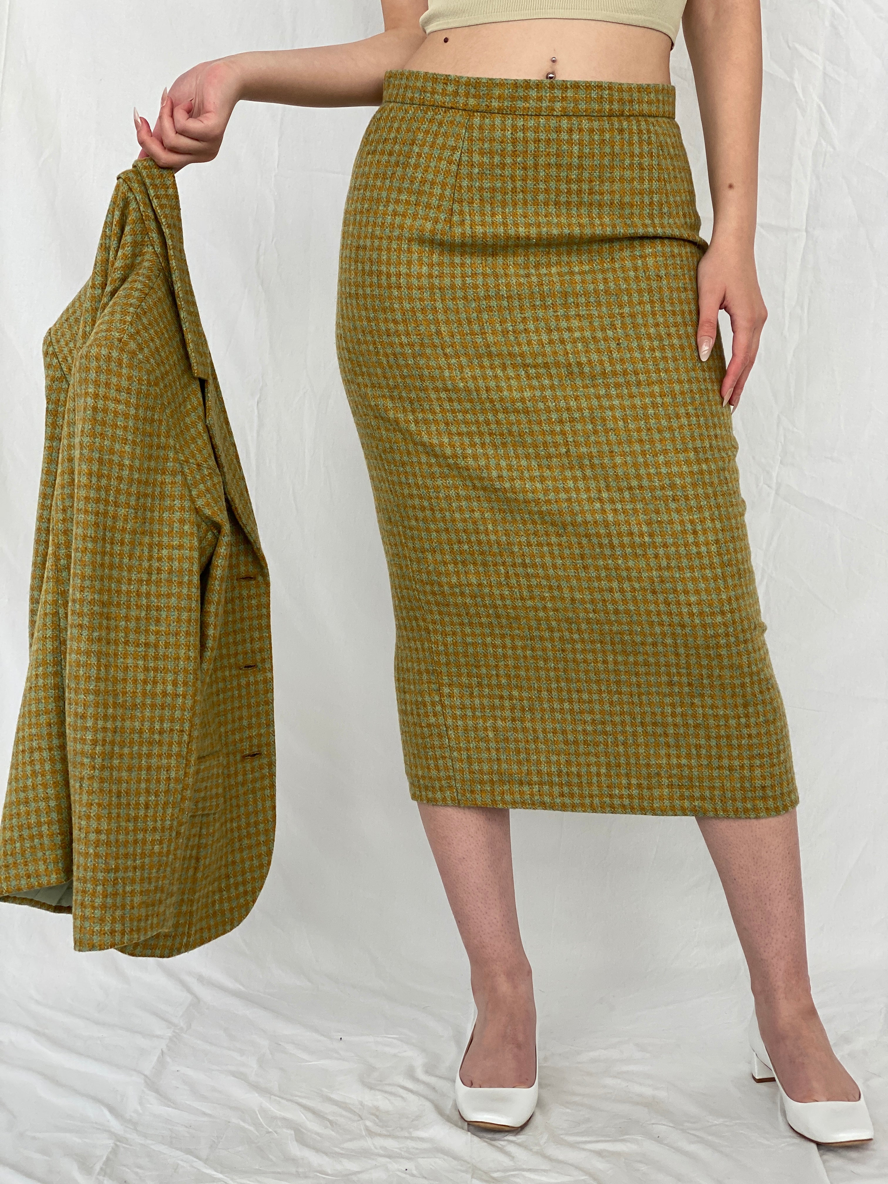 Vintage Handmade Checkered Yellow & Green Wool Blend Blazer Skirt Set - M