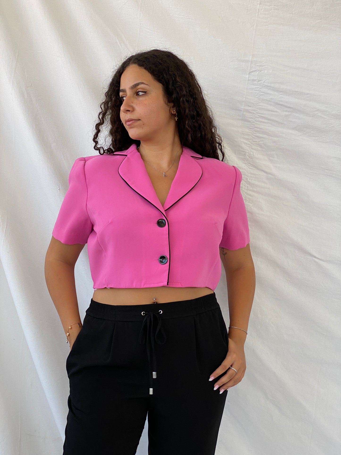 Vintage 90s Studio I Hot Pink Cropped Half-Sleeve Blazer - L